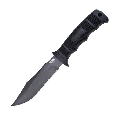 SOG Knives M37K SEAL Pup Fixed Blade - 4.75" Powder Coated 50/50 Edge AUS-8 Blade - Black GRN Handle - Black Kydex Sheath