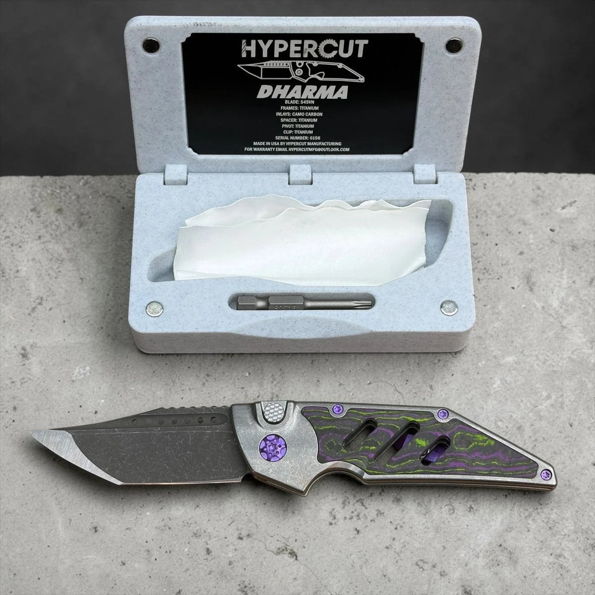 *Sold out* Hypercut Manufacturing Dharma Automatic #156 - S45vn Hulk Camo Carbon