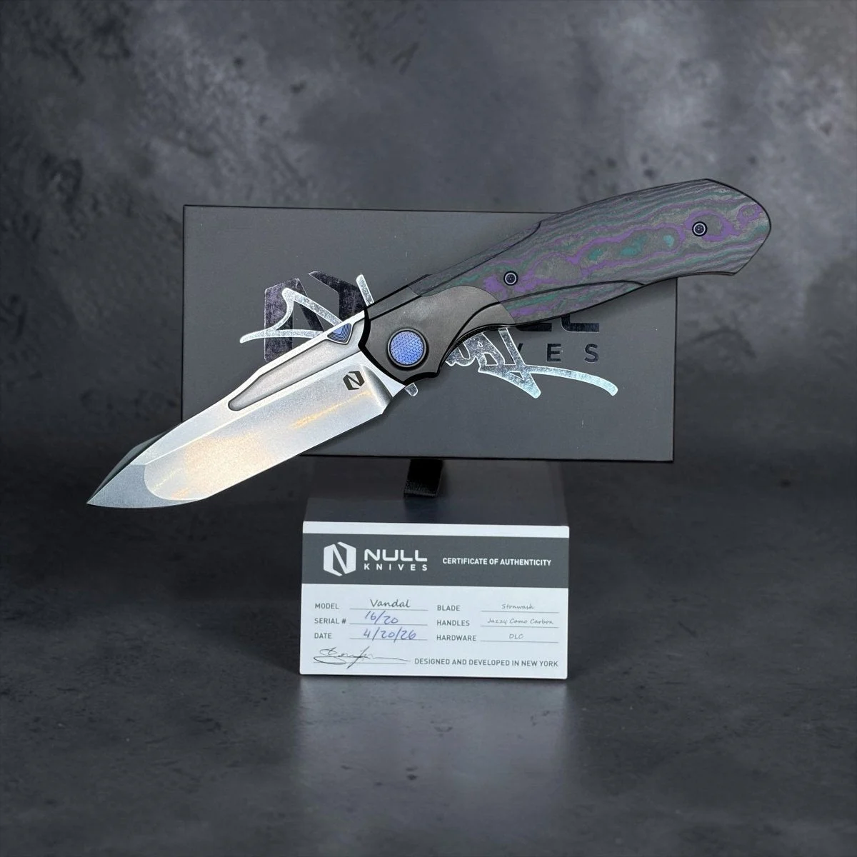 SOLD OUT* Null Knives Vandal Blade City Exclusive – Vanax Steel & Jazzy Camo Carbon Tanto Folder