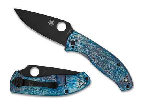 Spyderco C122TIBLBKD2P Tenacious - 3.35" Black Oxide Finish Plain Edge D2 Blade - Blue Disarray Finish Titanium Frame Lock Handle