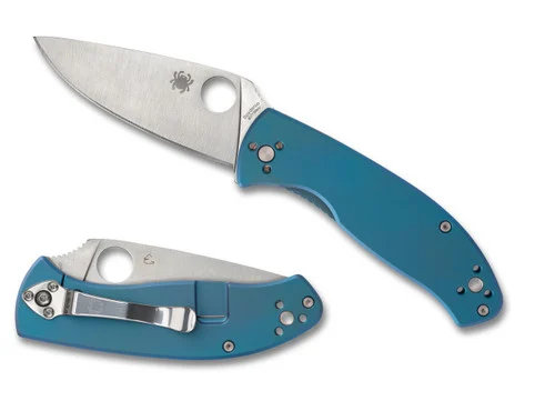 Spyderco C122TIBLP Tenacious - 3.35" Satin Finish Plain Edge 8Cr13MoV Blade - Blue Titanium Frame Lock Handle