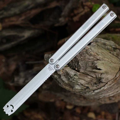 Squid Industries Squiddy-AL Trainer - 4.50" 6061-T6 Aluminum Unsharpened Trainer Blade, Silver CNC Textured Aluminum Monoblock Channel Handles - SQUIDDY-AL