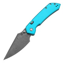 Tenable Fenrir Top Liner Lock Folding Knife Blue Aluminum Handle Damascus Blade B1034H8