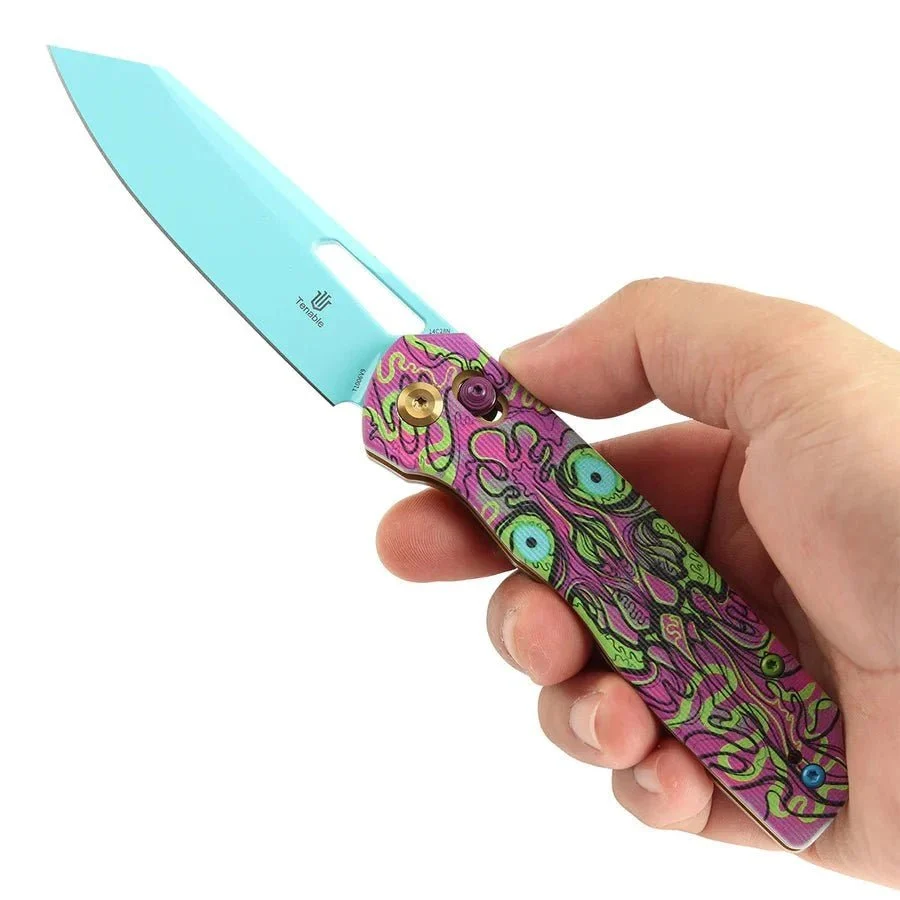 Tenable Shard T1006V9– 3.47" Jade Undead Print 14C28N Reverse Tanto Blade, Black Aluminum Handle with Diamond Pattern, Crossbar Lock Folding Knife